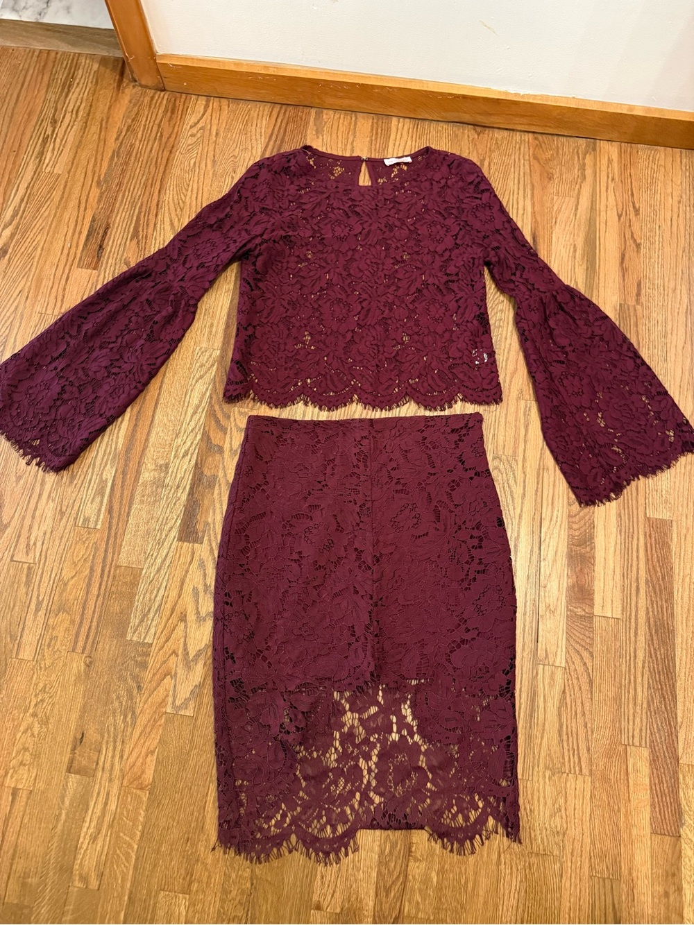 re:named Burgundy Lace Two-Piece Skirt Set